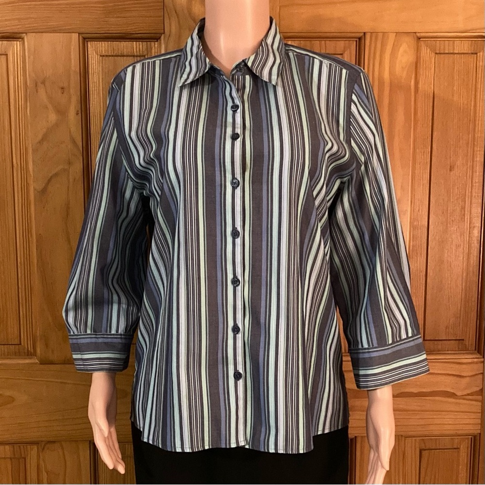 EUC Studio Works Vintage 90s Top 3/4 Sleeve Blouse Blue Stripes XL Extra Large